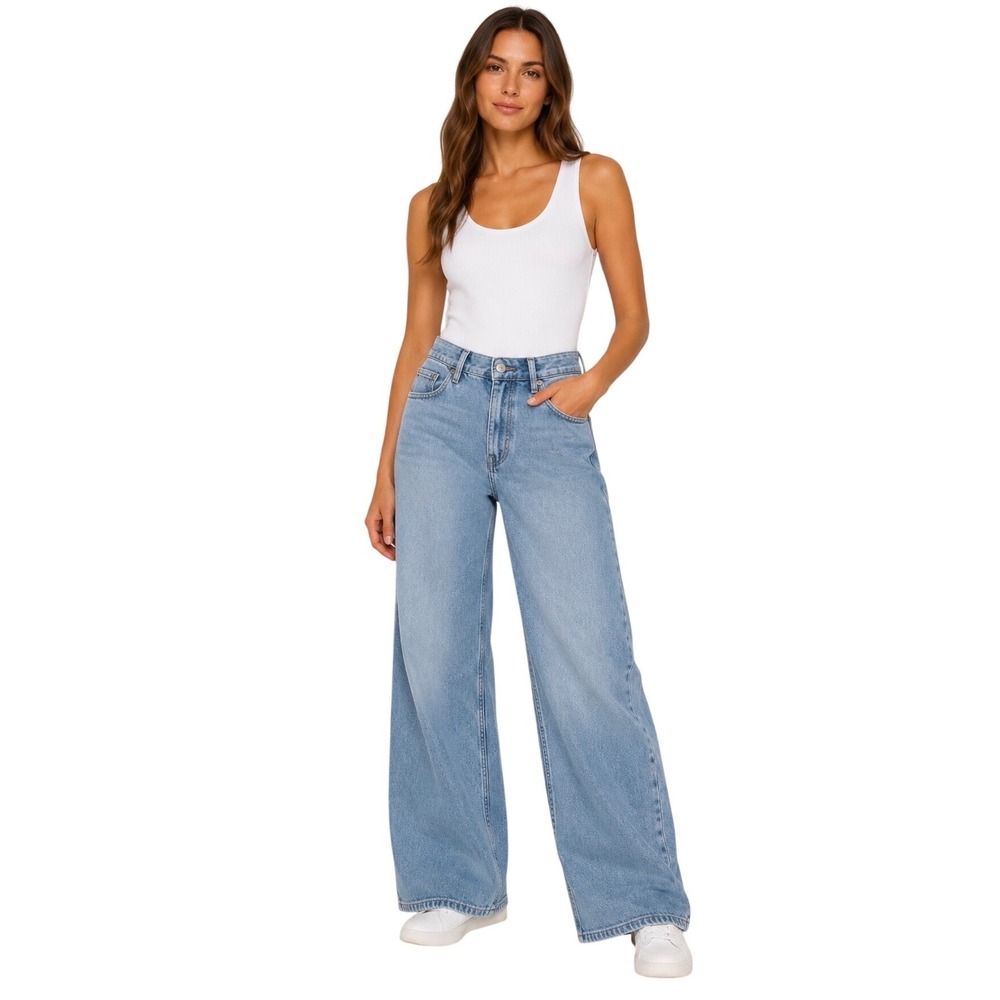 Good American Good Wide Leg Jeans Light Blue Acid Wash High Rise Denim 10/30